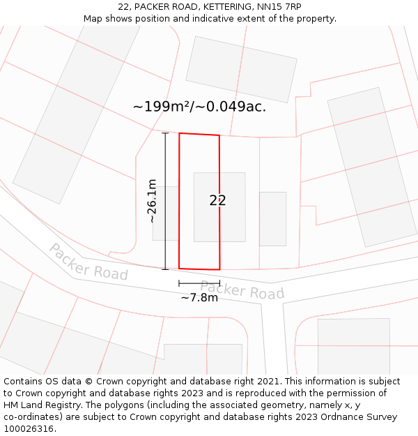 22, PACKER ROAD, KETTERING, NN15 7RP: Plot and title map