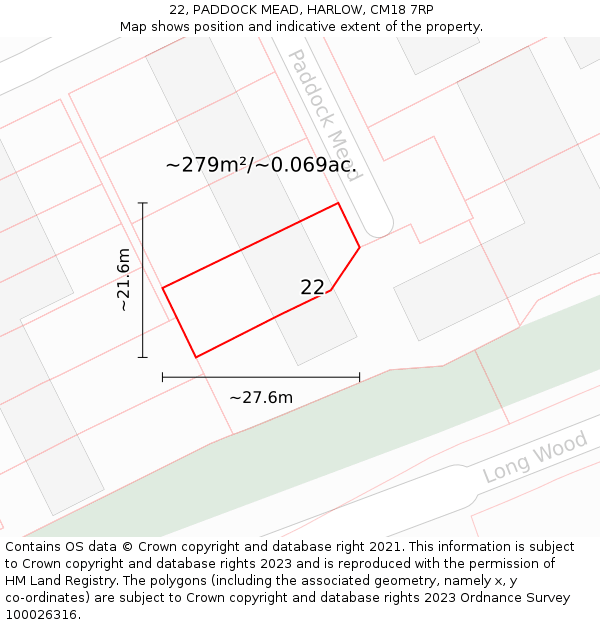 22, PADDOCK MEAD, HARLOW, CM18 7RP: Plot and title map