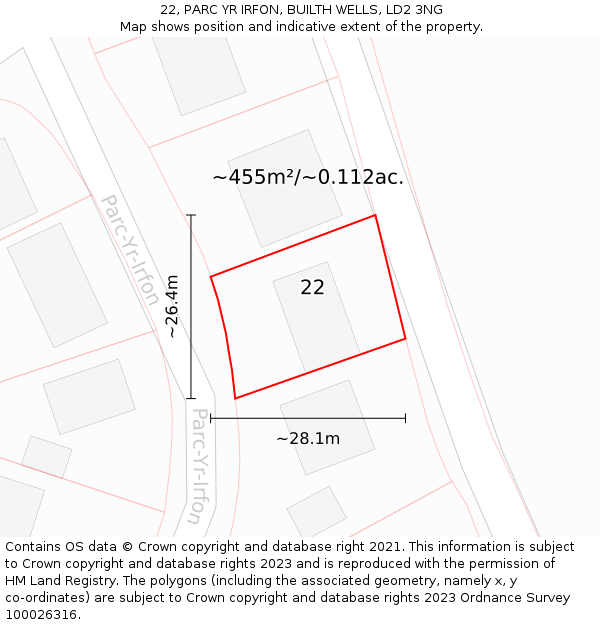 22, PARC YR IRFON, BUILTH WELLS, LD2 3NG: Plot and title map