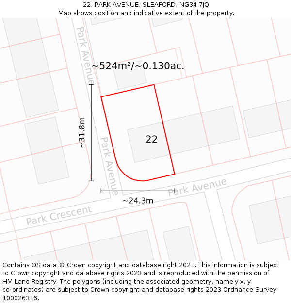 22, PARK AVENUE, SLEAFORD, NG34 7JQ: Plot and title map