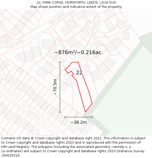 22, PARK COPSE, HORSFORTH, LEEDS, LS18 5UN: Plot and title map