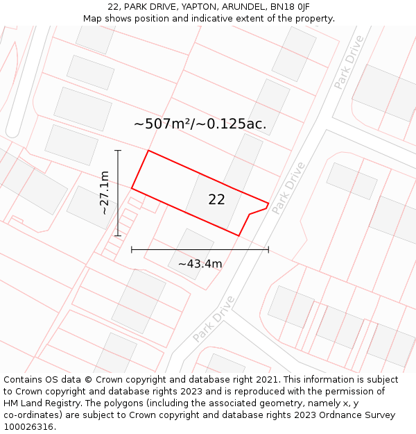 22, PARK DRIVE, YAPTON, ARUNDEL, BN18 0JF: Plot and title map