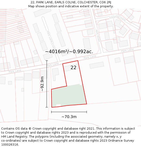 22, PARK LANE, EARLS COLNE, COLCHESTER, CO6 2RJ: Plot and title map