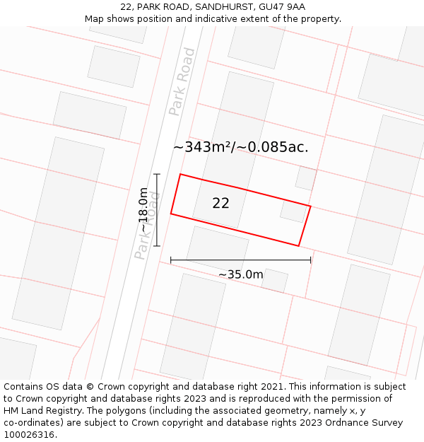 22, PARK ROAD, SANDHURST, GU47 9AA: Plot and title map