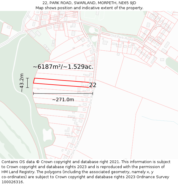 22, PARK ROAD, SWARLAND, MORPETH, NE65 9JD: Plot and title map