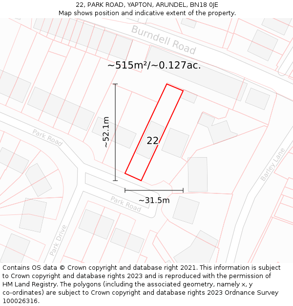 22, PARK ROAD, YAPTON, ARUNDEL, BN18 0JE: Plot and title map