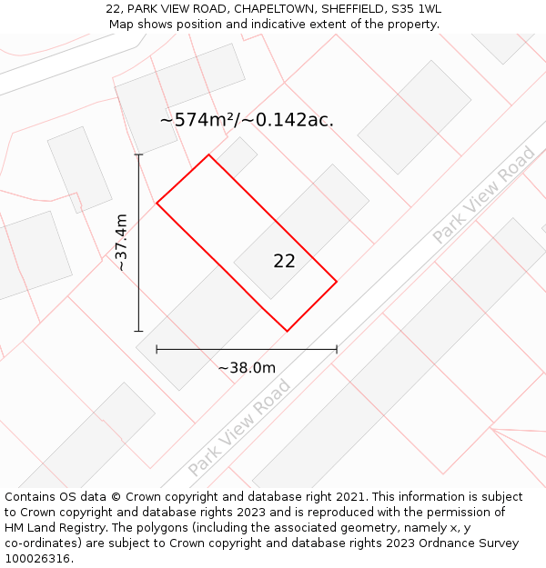 22, PARK VIEW ROAD, CHAPELTOWN, SHEFFIELD, S35 1WL: Plot and title map