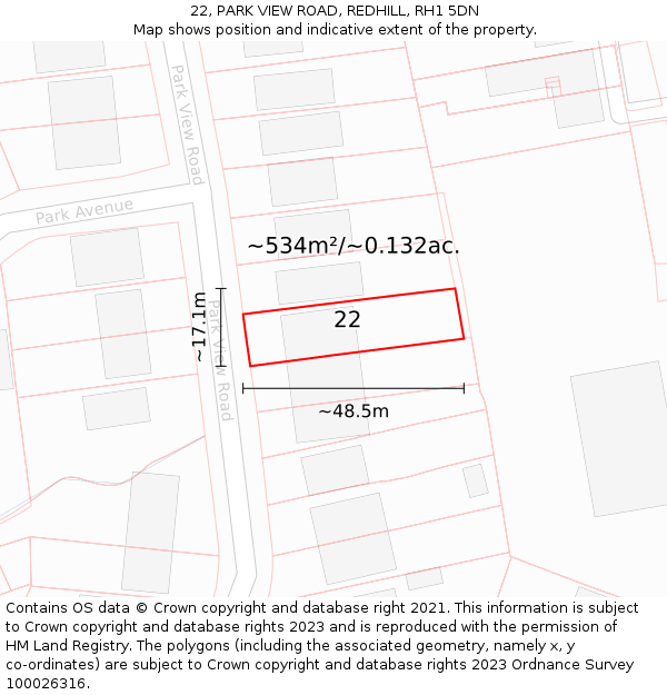 22, PARK VIEW ROAD, REDHILL, RH1 5DN: Plot and title map