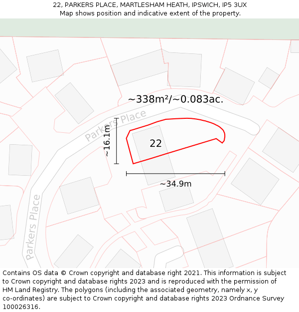 22, PARKERS PLACE, MARTLESHAM HEATH, IPSWICH, IP5 3UX: Plot and title map