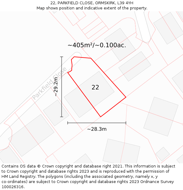 22, PARKFIELD CLOSE, ORMSKIRK, L39 4YH: Plot and title map