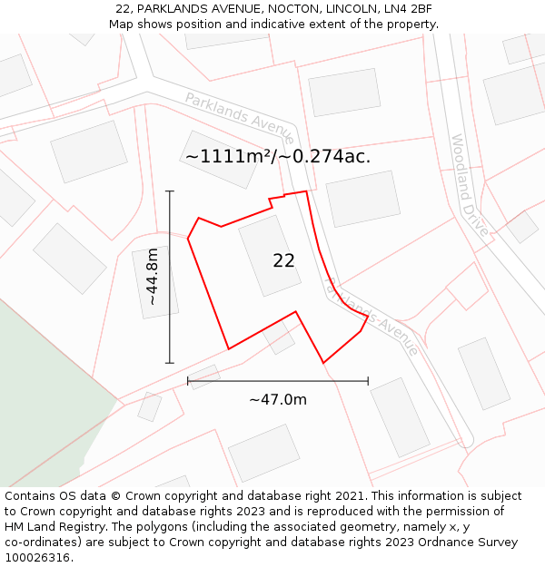 22, PARKLANDS AVENUE, NOCTON, LINCOLN, LN4 2BF: Plot and title map