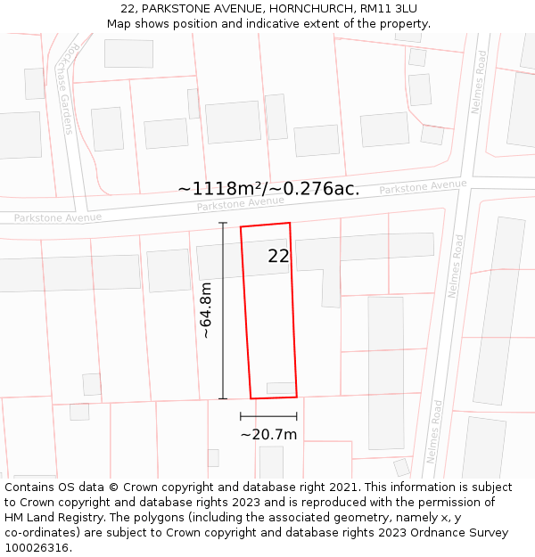 22, PARKSTONE AVENUE, HORNCHURCH, RM11 3LU: Plot and title map