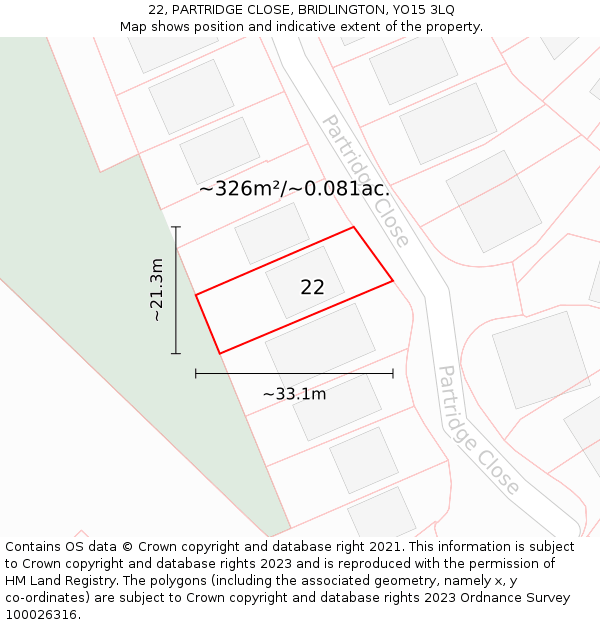 22, PARTRIDGE CLOSE, BRIDLINGTON, YO15 3LQ: Plot and title map