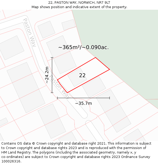 22, PASTON WAY, NORWICH, NR7 9LT: Plot and title map