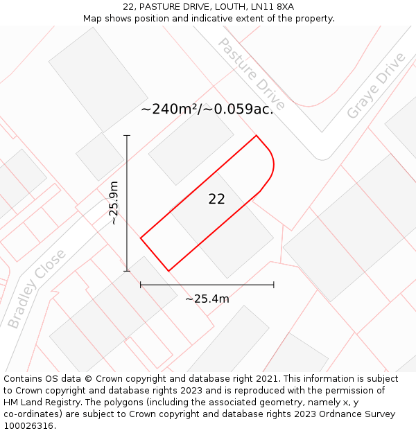 22, PASTURE DRIVE, LOUTH, LN11 8XA: Plot and title map