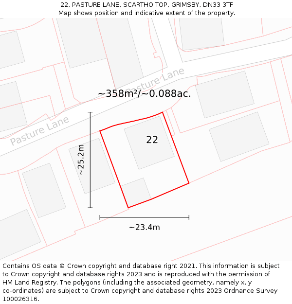 22, PASTURE LANE, SCARTHO TOP, GRIMSBY, DN33 3TF: Plot and title map