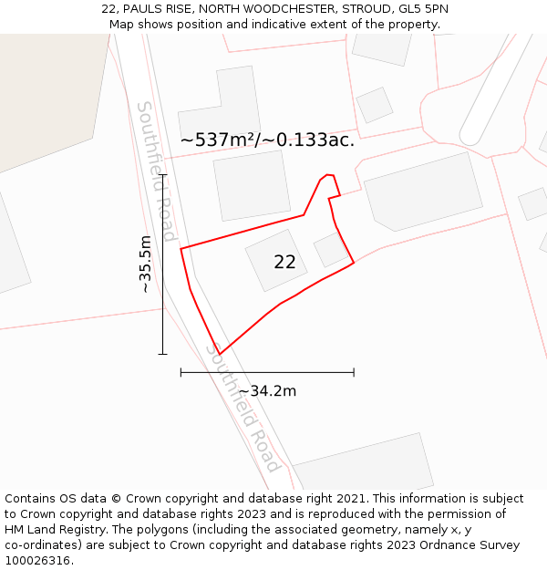 22, PAULS RISE, NORTH WOODCHESTER, STROUD, GL5 5PN: Plot and title map