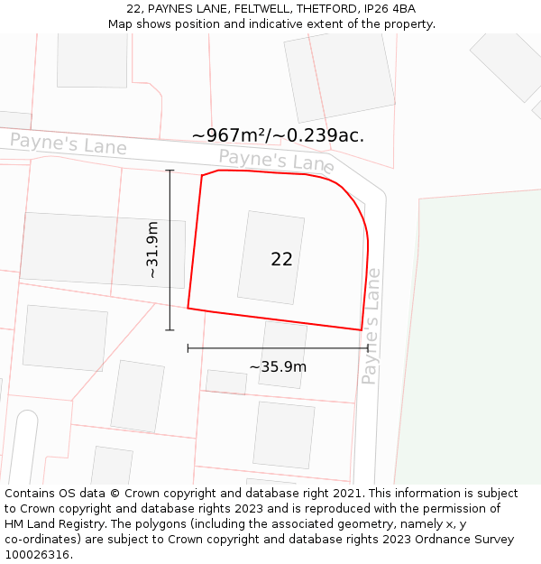 22, PAYNES LANE, FELTWELL, THETFORD, IP26 4BA: Plot and title map