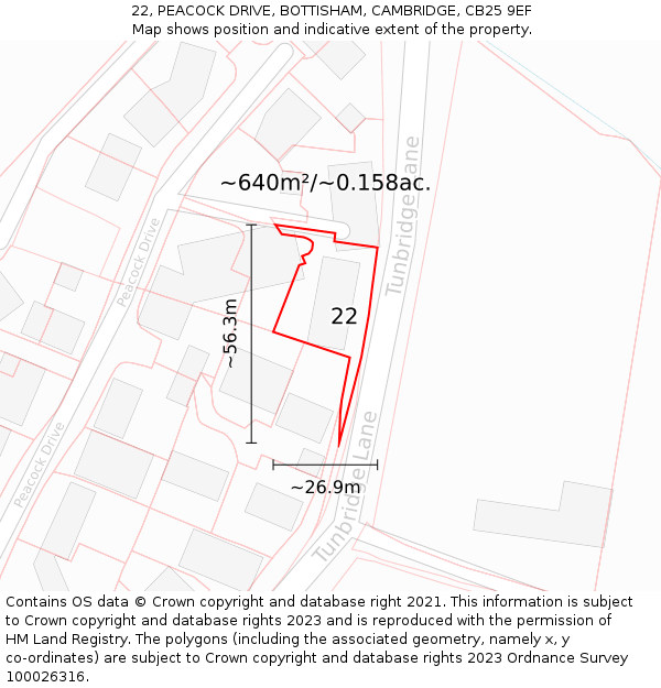 22, PEACOCK DRIVE, BOTTISHAM, CAMBRIDGE, CB25 9EF: Plot and title map