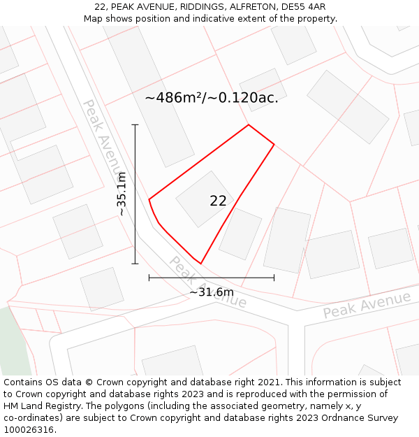 22, PEAK AVENUE, RIDDINGS, ALFRETON, DE55 4AR: Plot and title map