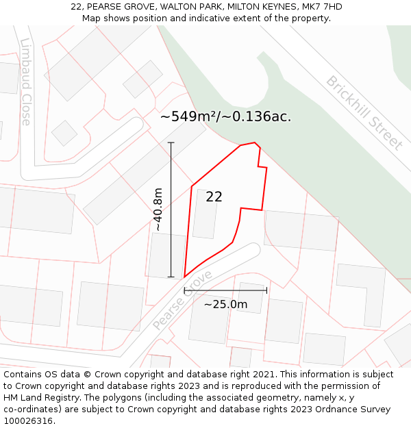 22, PEARSE GROVE, WALTON PARK, MILTON KEYNES, MK7 7HD: Plot and title map