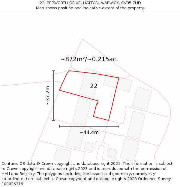 22, PEBWORTH DRIVE, HATTON, WARWICK, CV35 7UD: Plot and title map