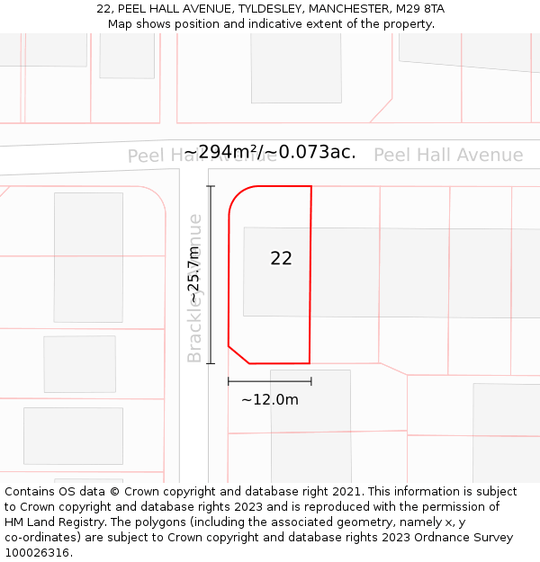 22, PEEL HALL AVENUE, TYLDESLEY, MANCHESTER, M29 8TA: Plot and title map