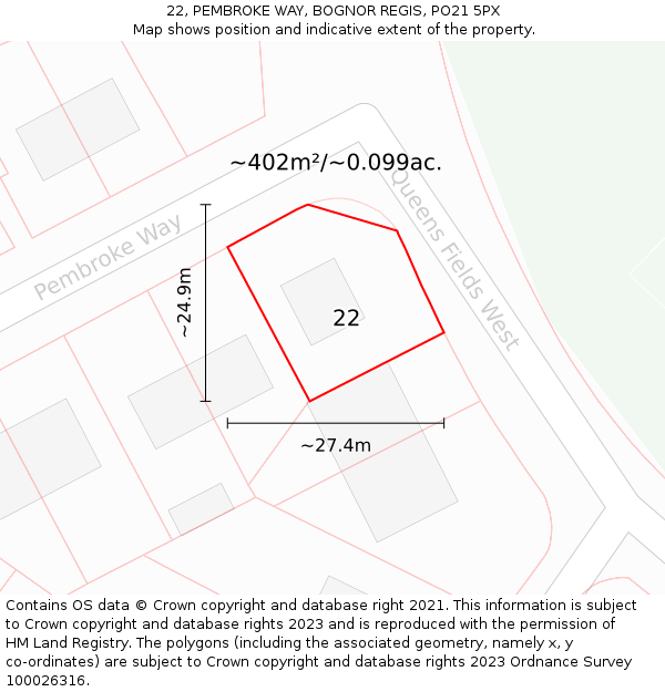 22, PEMBROKE WAY, BOGNOR REGIS, PO21 5PX: Plot and title map