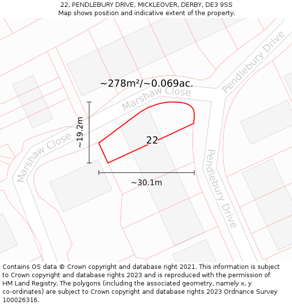 22, PENDLEBURY DRIVE, MICKLEOVER, DERBY, DE3 9SS: Plot and title map