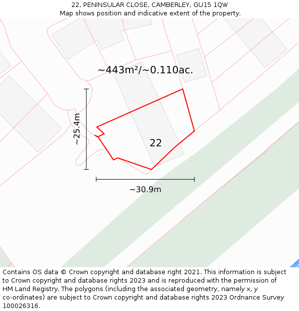 22, PENINSULAR CLOSE, CAMBERLEY, GU15 1QW: Plot and title map