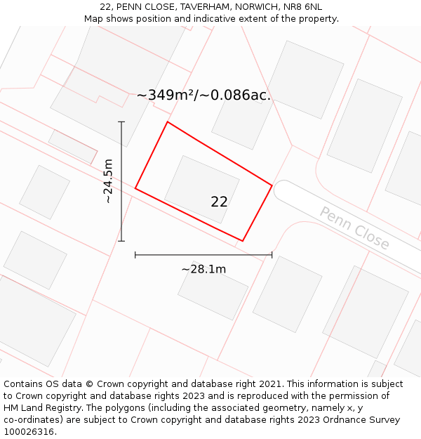 22, PENN CLOSE, TAVERHAM, NORWICH, NR8 6NL: Plot and title map