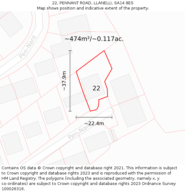 22, PENNANT ROAD, LLANELLI, SA14 8ES: Plot and title map