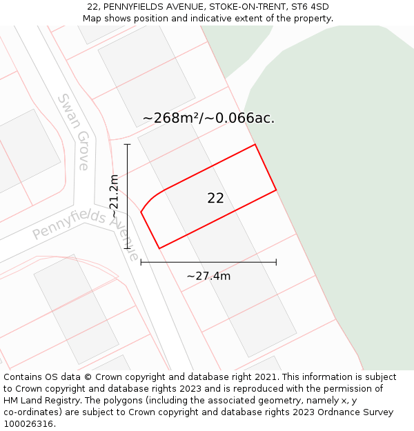 22, PENNYFIELDS AVENUE, STOKE-ON-TRENT, ST6 4SD: Plot and title map