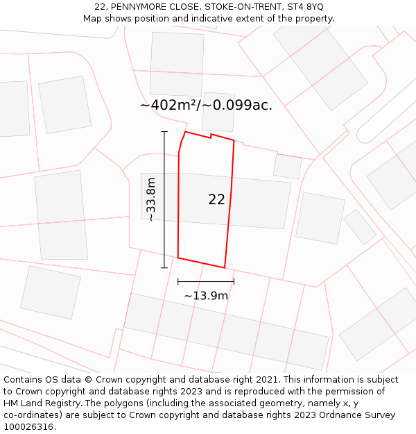 22, PENNYMORE CLOSE, STOKE-ON-TRENT, ST4 8YQ: Plot and title map