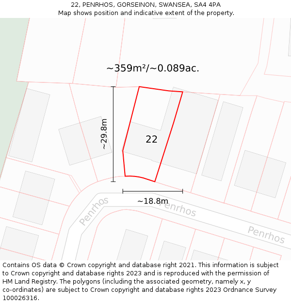 22, PENRHOS, GORSEINON, SWANSEA, SA4 4PA: Plot and title map