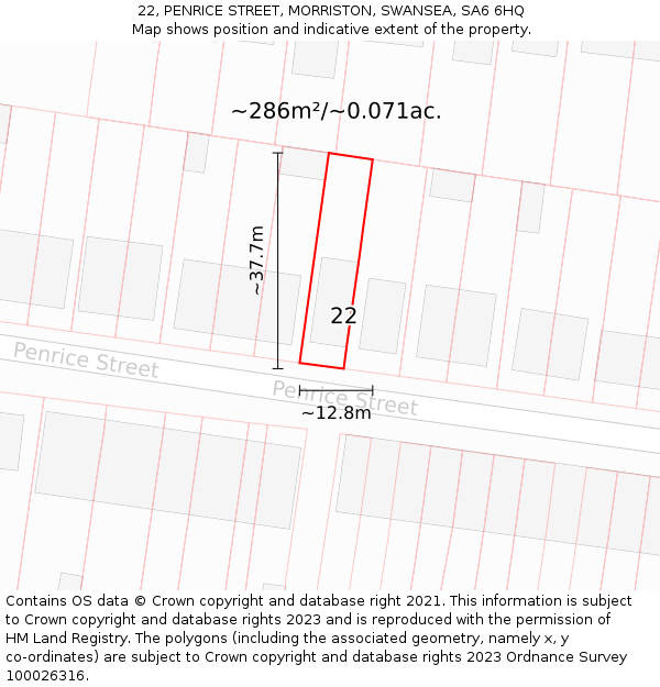 22, PENRICE STREET, MORRISTON, SWANSEA, SA6 6HQ: Plot and title map