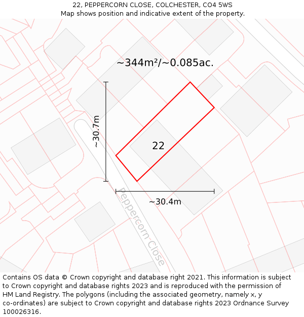 22, PEPPERCORN CLOSE, COLCHESTER, CO4 5WS: Plot and title map