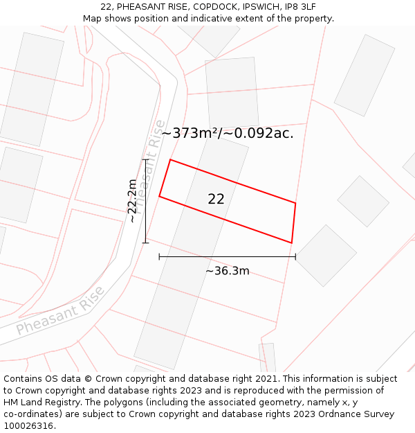 22, PHEASANT RISE, COPDOCK, IPSWICH, IP8 3LF: Plot and title map