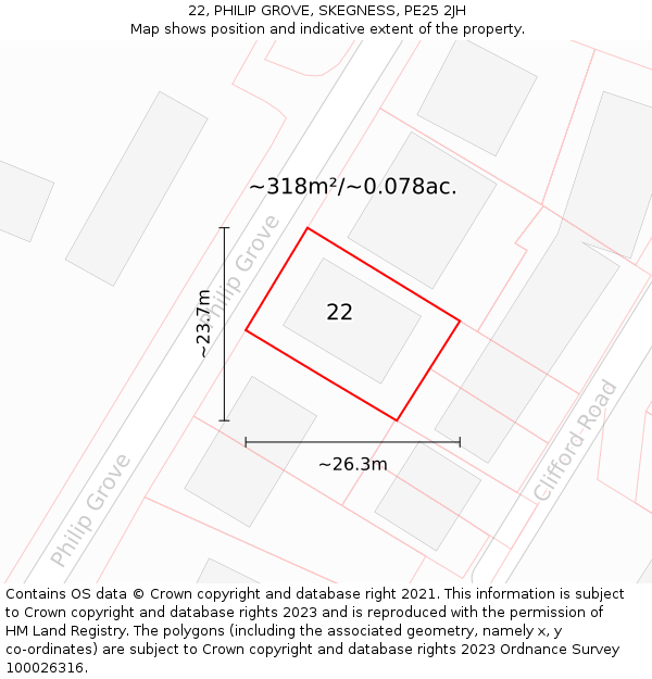 22, PHILIP GROVE, SKEGNESS, PE25 2JH: Plot and title map