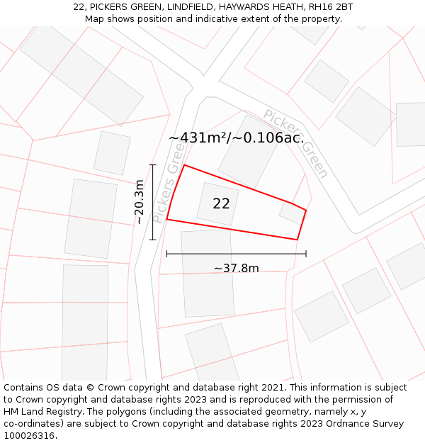 22, PICKERS GREEN, LINDFIELD, HAYWARDS HEATH, RH16 2BT: Plot and title map