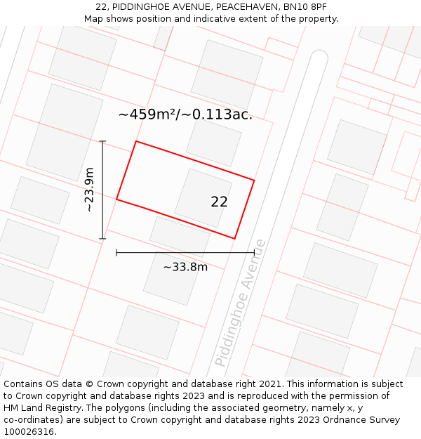 22, PIDDINGHOE AVENUE, PEACEHAVEN, BN10 8PF: Plot and title map