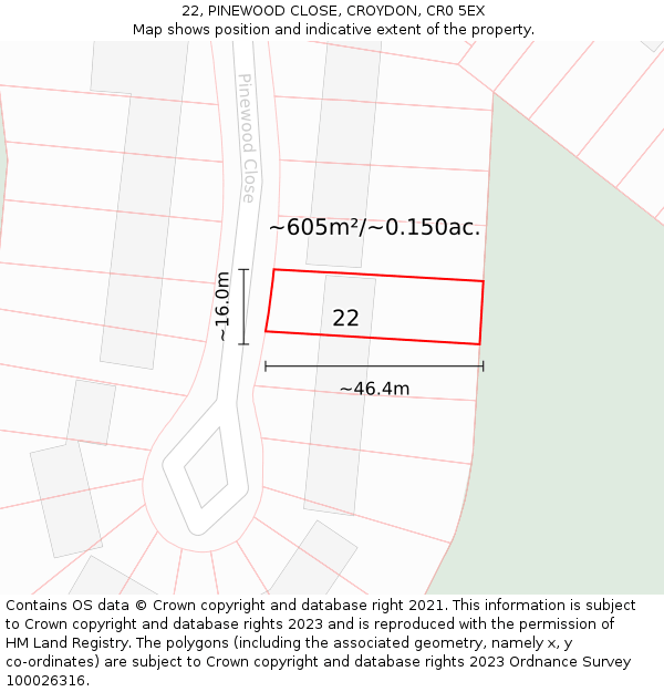 22, PINEWOOD CLOSE, CROYDON, CR0 5EX: Plot and title map