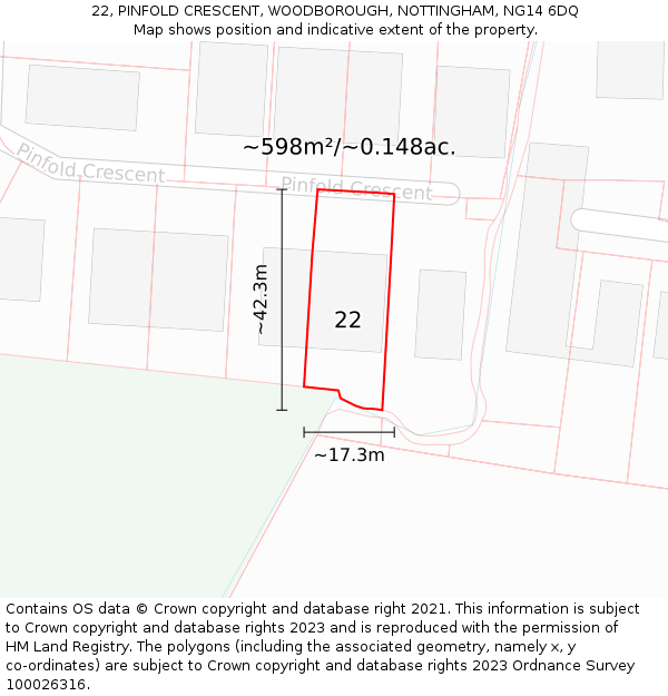 22, PINFOLD CRESCENT, WOODBOROUGH, NOTTINGHAM, NG14 6DQ: Plot and title map