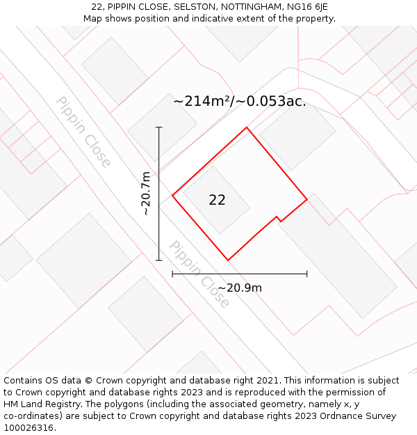 22, PIPPIN CLOSE, SELSTON, NOTTINGHAM, NG16 6JE: Plot and title map