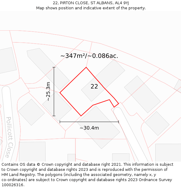 22, PIRTON CLOSE, ST ALBANS, AL4 9YJ: Plot and title map