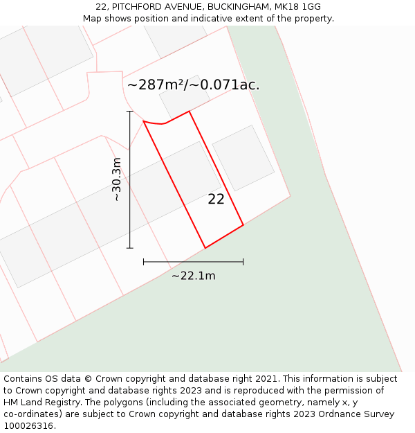 22, PITCHFORD AVENUE, BUCKINGHAM, MK18 1GG: Plot and title map