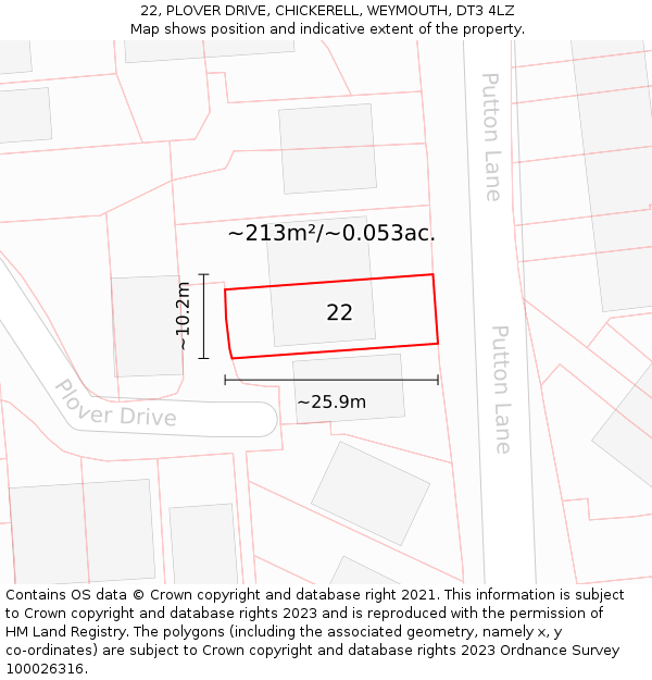 22, PLOVER DRIVE, CHICKERELL, WEYMOUTH, DT3 4LZ: Plot and title map