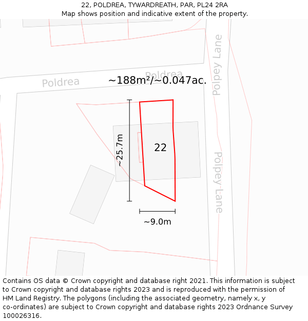22, POLDREA, TYWARDREATH, PAR, PL24 2RA: Plot and title map