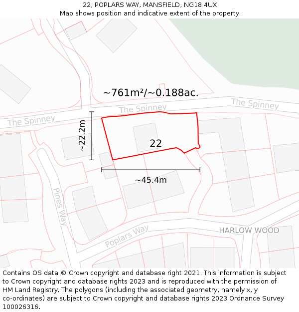 22, POPLARS WAY, MANSFIELD, NG18 4UX: Plot and title map