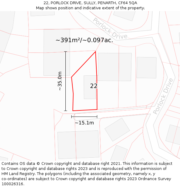 22, PORLOCK DRIVE, SULLY, PENARTH, CF64 5QA: Plot and title map